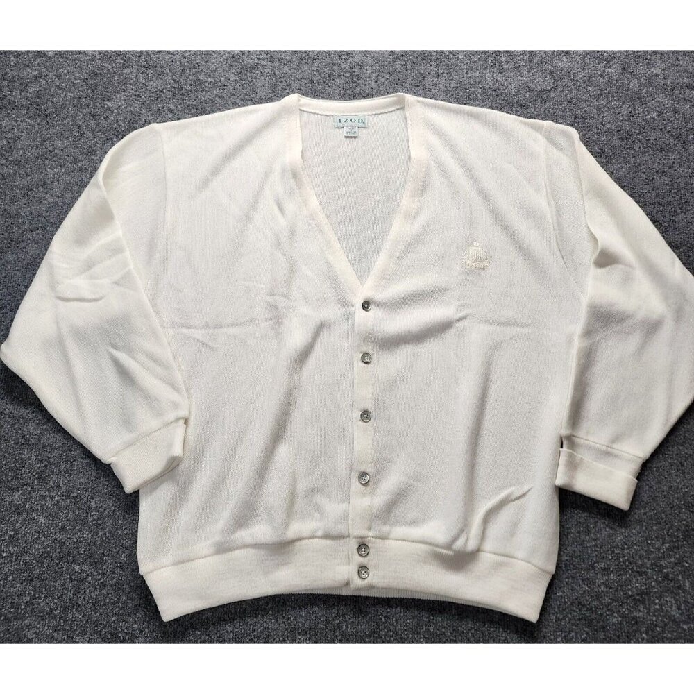VTG‎ IZOD Crest Logo Cardigan Unisex 1X XL White Preppy Grandpa Sweater Cardigan